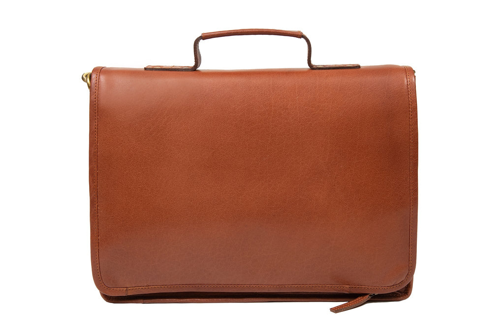 This is a stylish slim laptop / briefcase type satchel made from tan leather. One central pocket, four outer pockets for phones, keys and cables. Extremely light to carry, and is ideal if you want a smart attache style case. It measure 35cm wide, 28cm high and 5cm depth of gussett.