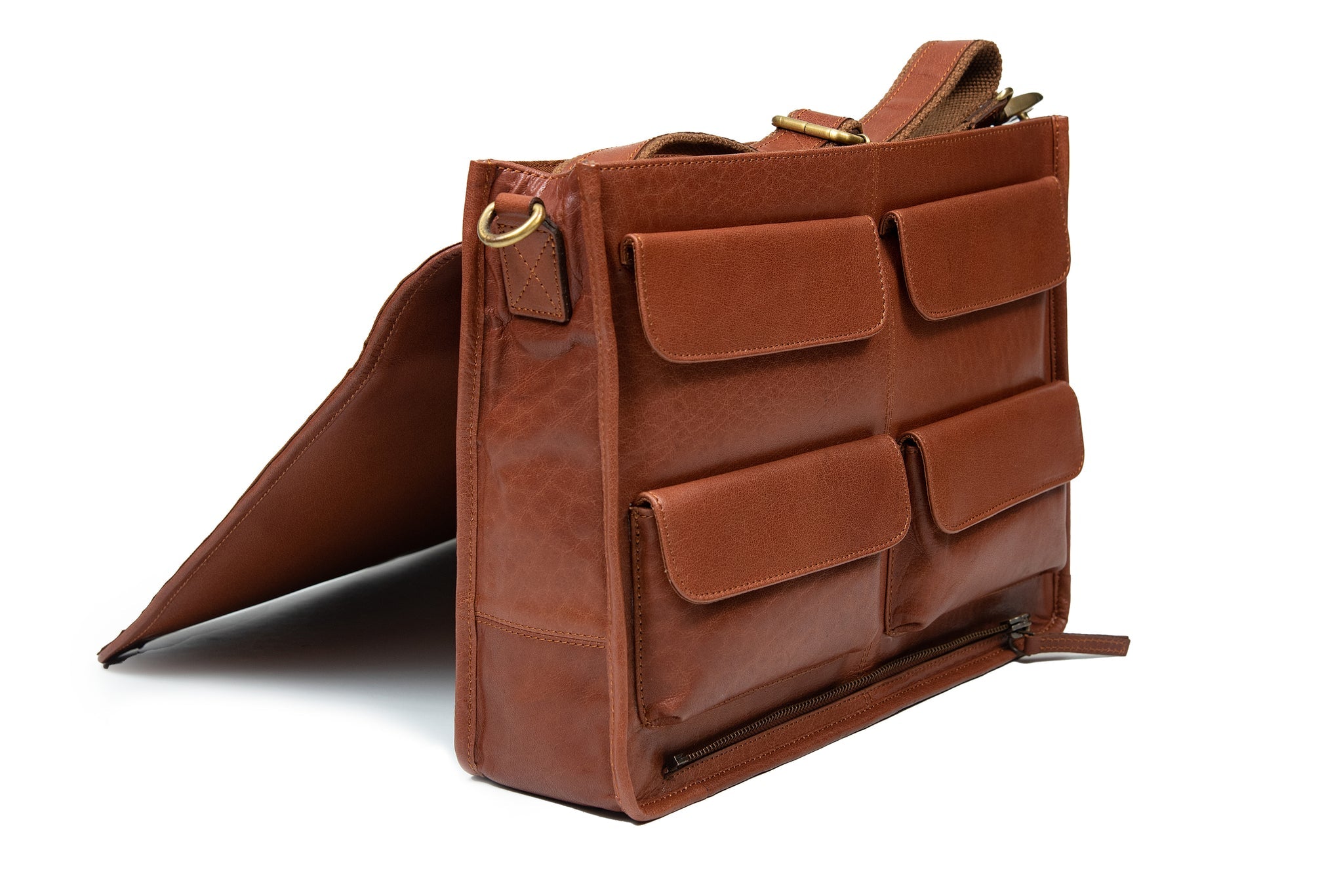 A stylish slim laptop / briefcase type satchel made from tan leather. It has one central main pocket, and four outer pockets for phones, keys and cables. Extremely light to carry, and is ideal if you want a smart attache style case. It measure 35cm wide, 28cm high and 5cm depth of gussett.